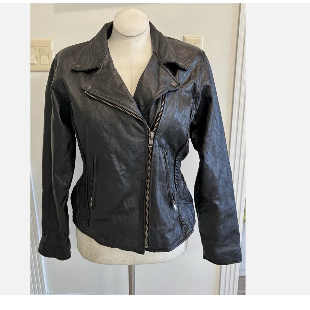 VINTAGE WOMEN'S VILANTO LEATHER MOTO BRAIDED CINCHED WAIST JACKET (? MEDIUM)